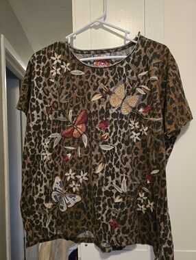 Johnny Was Leopard Embroidered Butterfly Tee